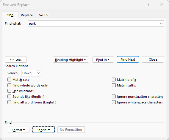 Advanced Find dialog expanded in Word